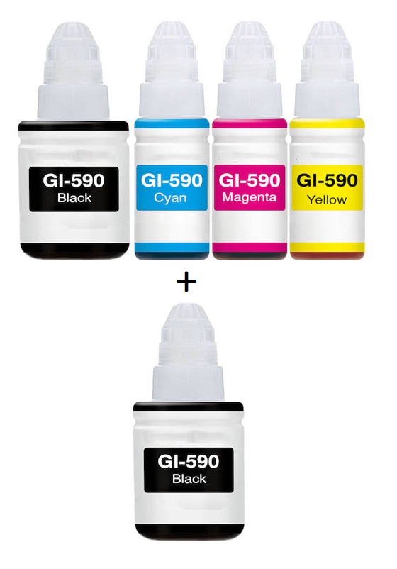 Canon Compatible GI-590 Full Set of Ink Bottles + EXTRA BLACK (2 x Black, /Cyan/Magenta/Yellow)